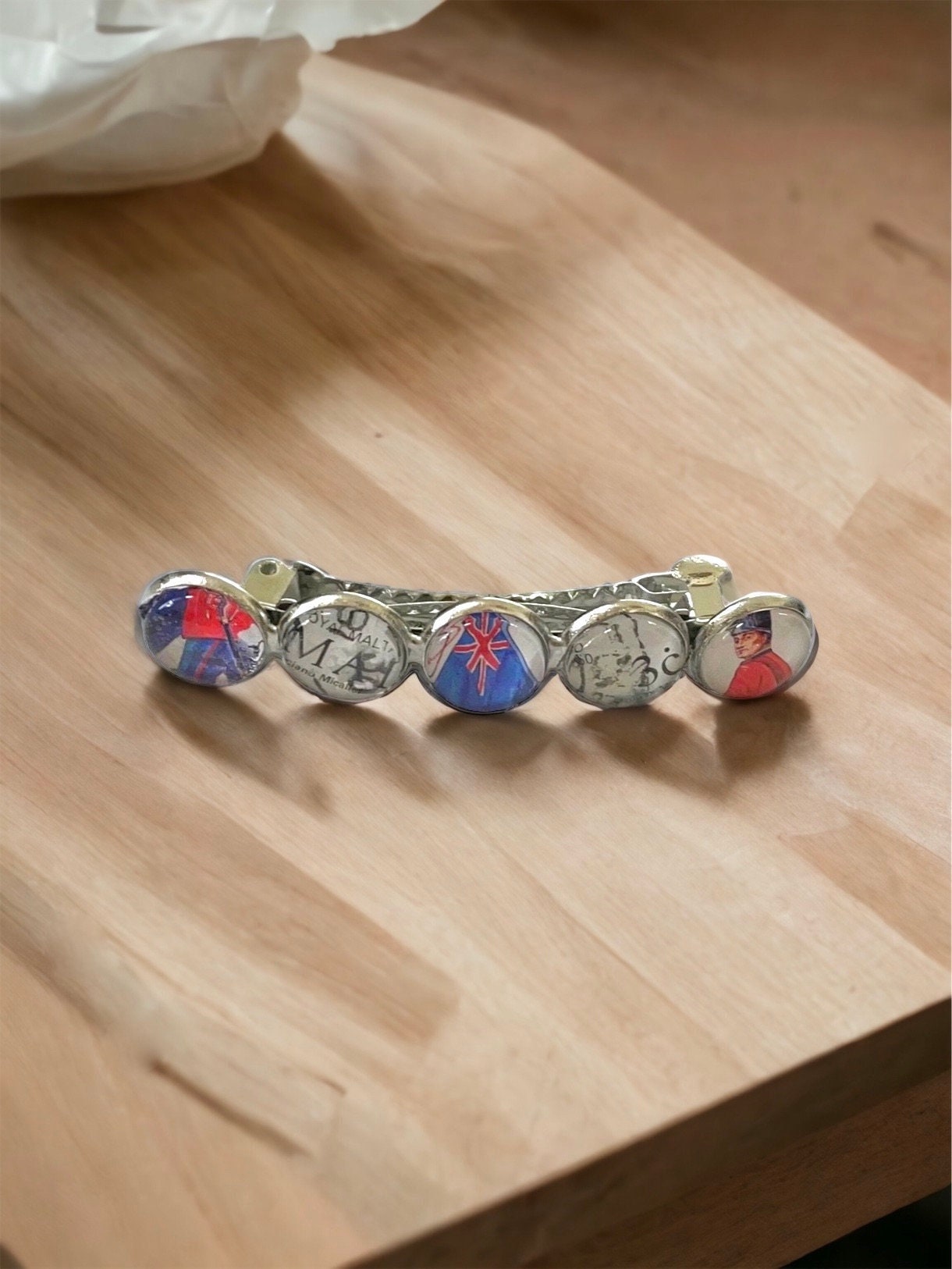 Unique handmade Hair barrette - made from postage stamps from Britain, England, United Kingdom, UK