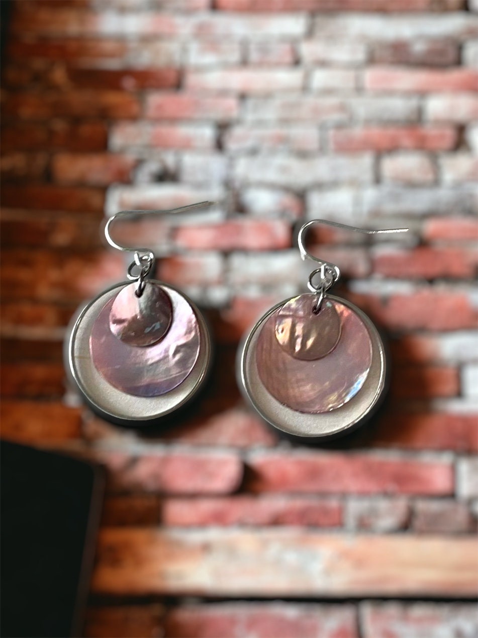 Handmade dangle earrings - color block shades of pink mother-of-pearl with silver hoops - sterling silver ear wires
