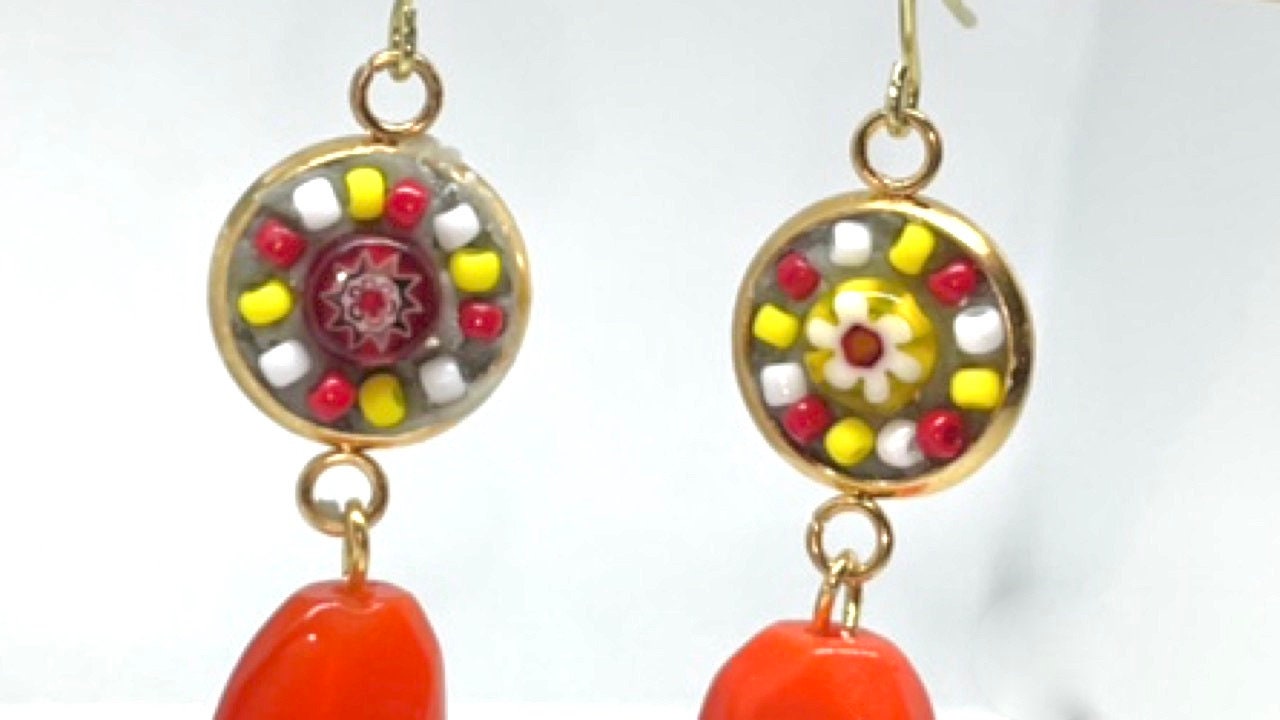 Mosaic inlaid glass and millefiori beads with large uniquely shaped glass dangles