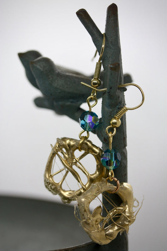 Lightweight faux metal unique free form handmade goldtone dangle earrings with AB blue crystals