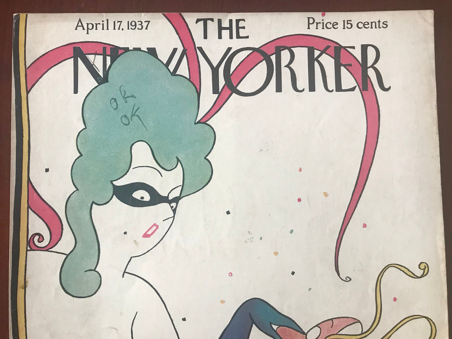 Rare - April 17, 1937 - The NEW YORKER Magazine original cover by Rea Irvin - masquerade party, removing a mask - please read description