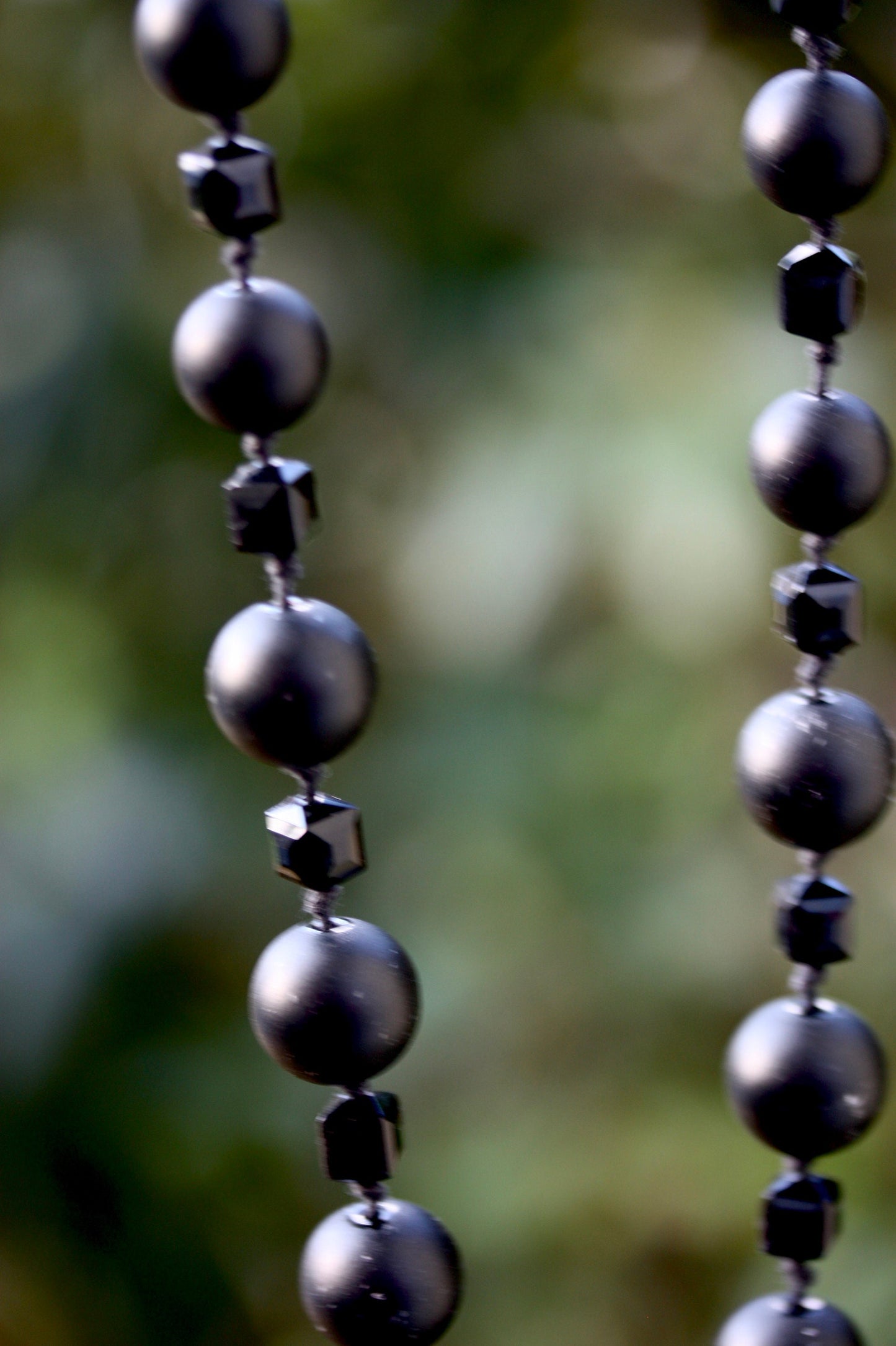 Stunning, high quality long black vintage necklace - with black matte round faux pearls and smooth cubed black crystal-like beads