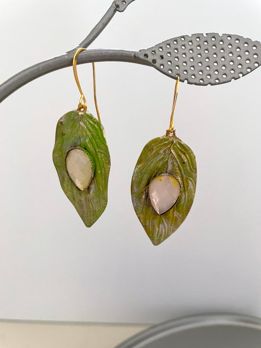 Handmade dangle earrings - Hand painted upcycled vintage leaf earrings with inlaid light pink cabochan