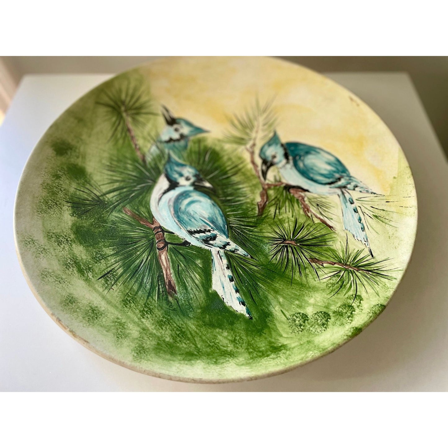 Magnificent vintage handmade, handpainted bird dish - painted terracotta, unsigned