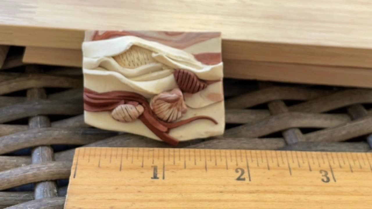 Stunning pottery clay artisan beach themed hand sculpted pin - with sculpted sea shells and more - signed