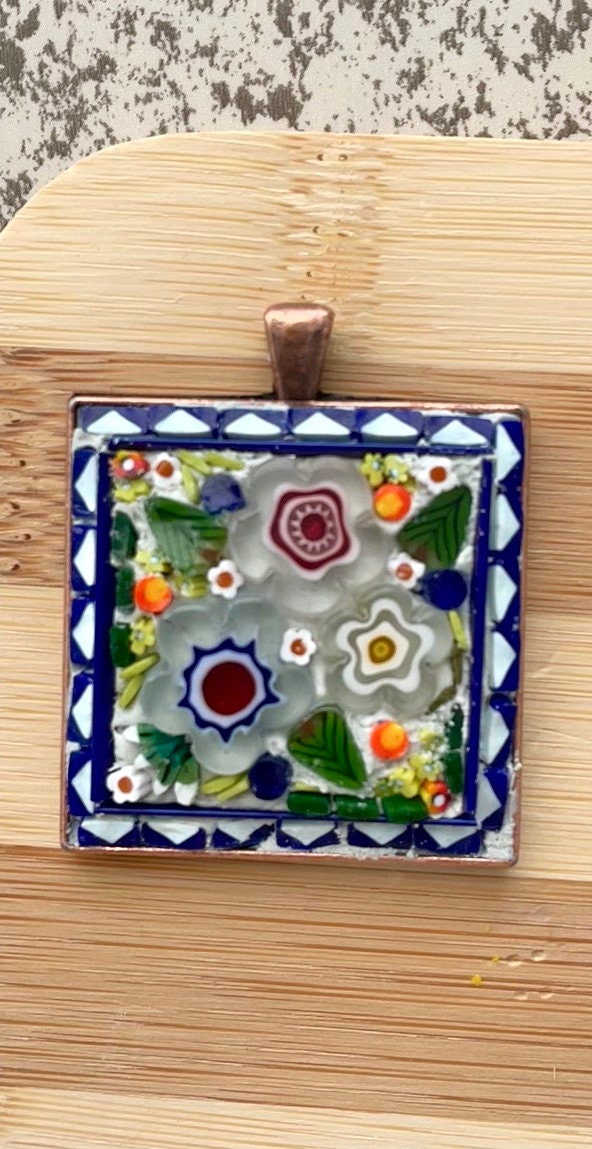 My handmade mosaic necklace - "Flower garden" - hand cut ceramic and glass with millefiori flowers