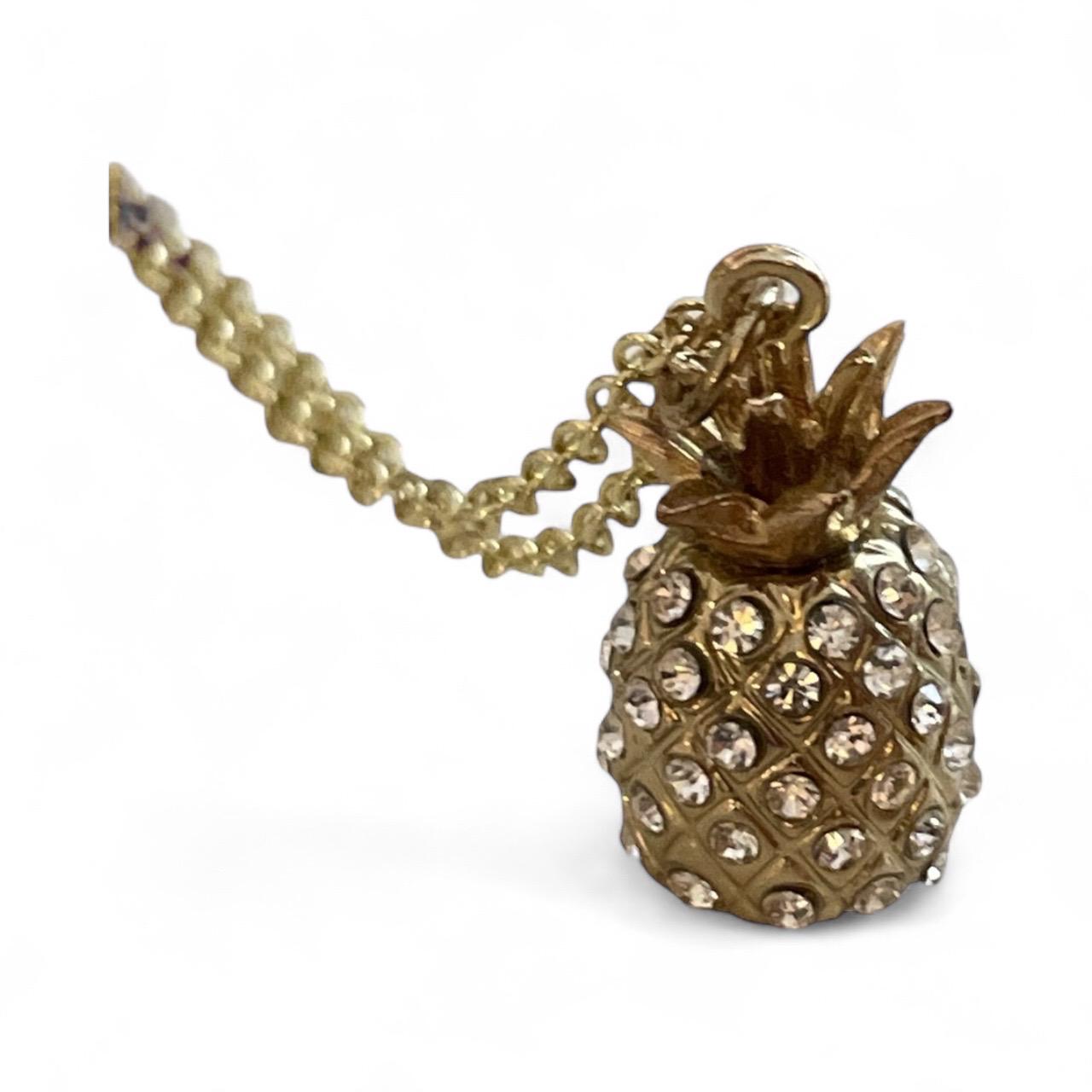 Gold Pineapple Necklace with Clear Rhinestones – Tropical Pendant Jewelry