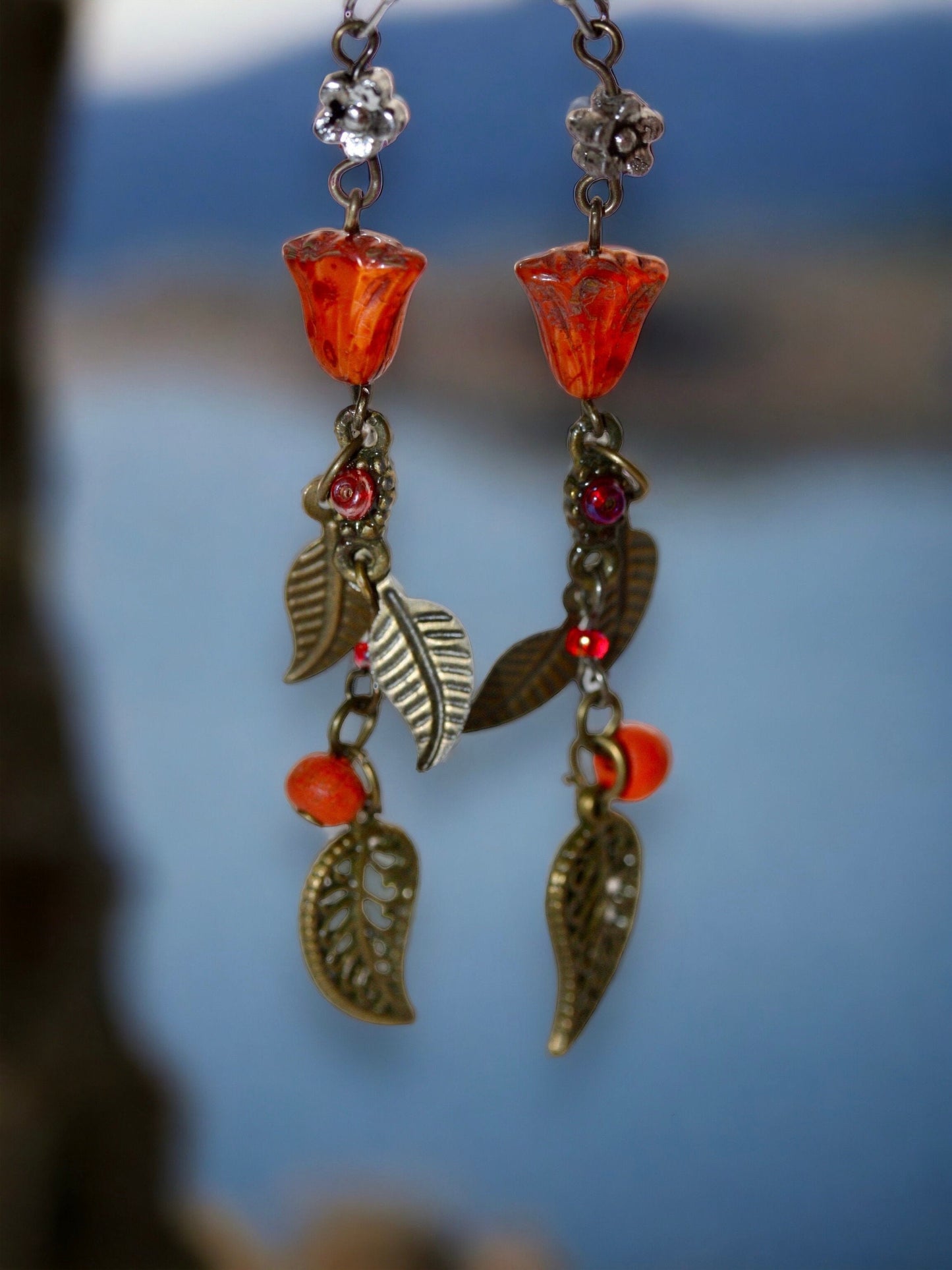 coppery - orange tulip mixed material vintage and new element handmade dangle earrings