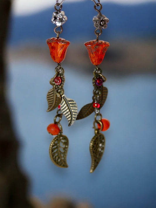 coppery - orange tulip mixed material vintage and new element handmade dangle earrings