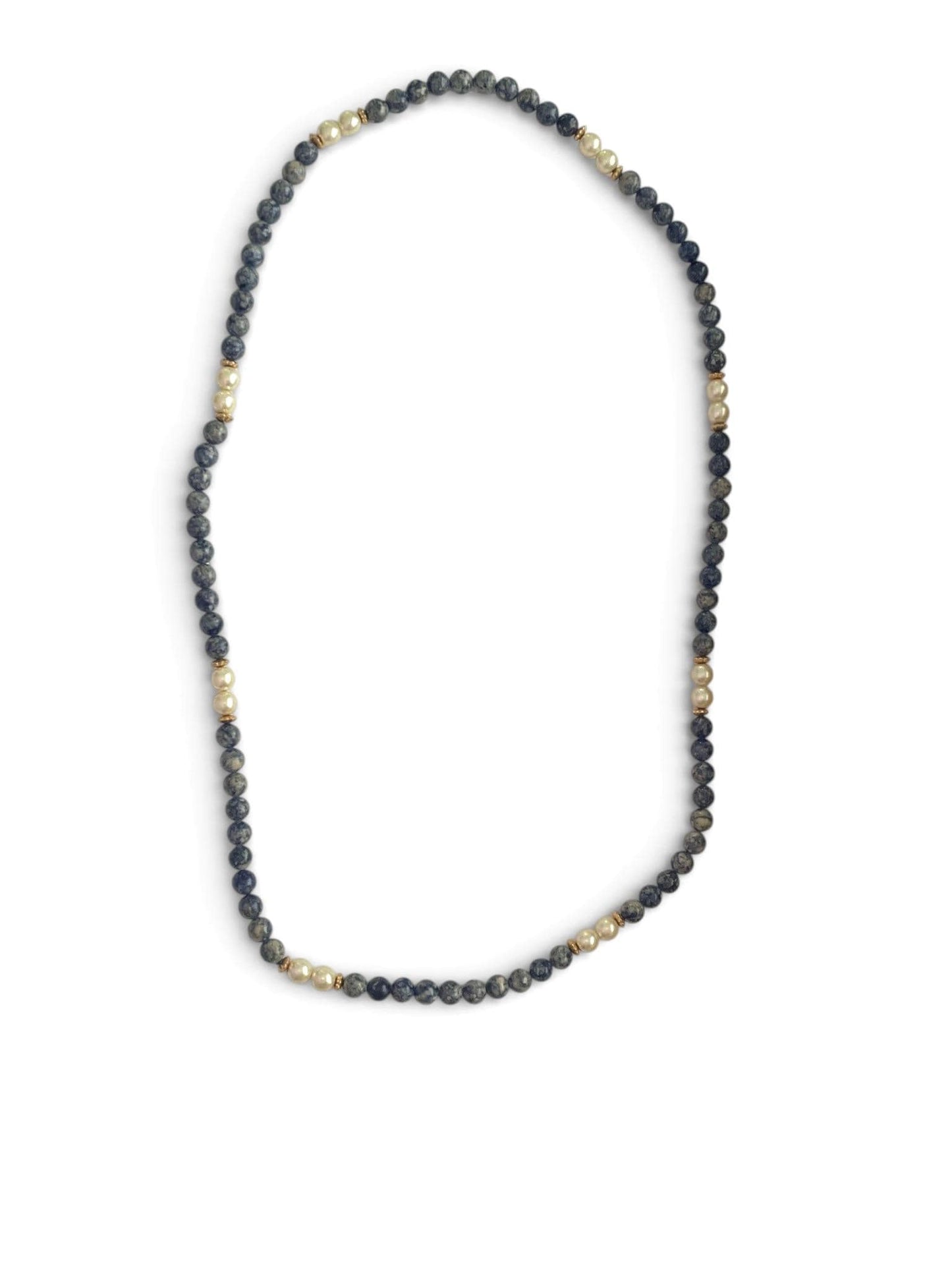 Long Blue Sodalite & Faux Pearl Necklace 32” Vintage Beaded Strand Gold Spacers Layering Statement Jewelry
