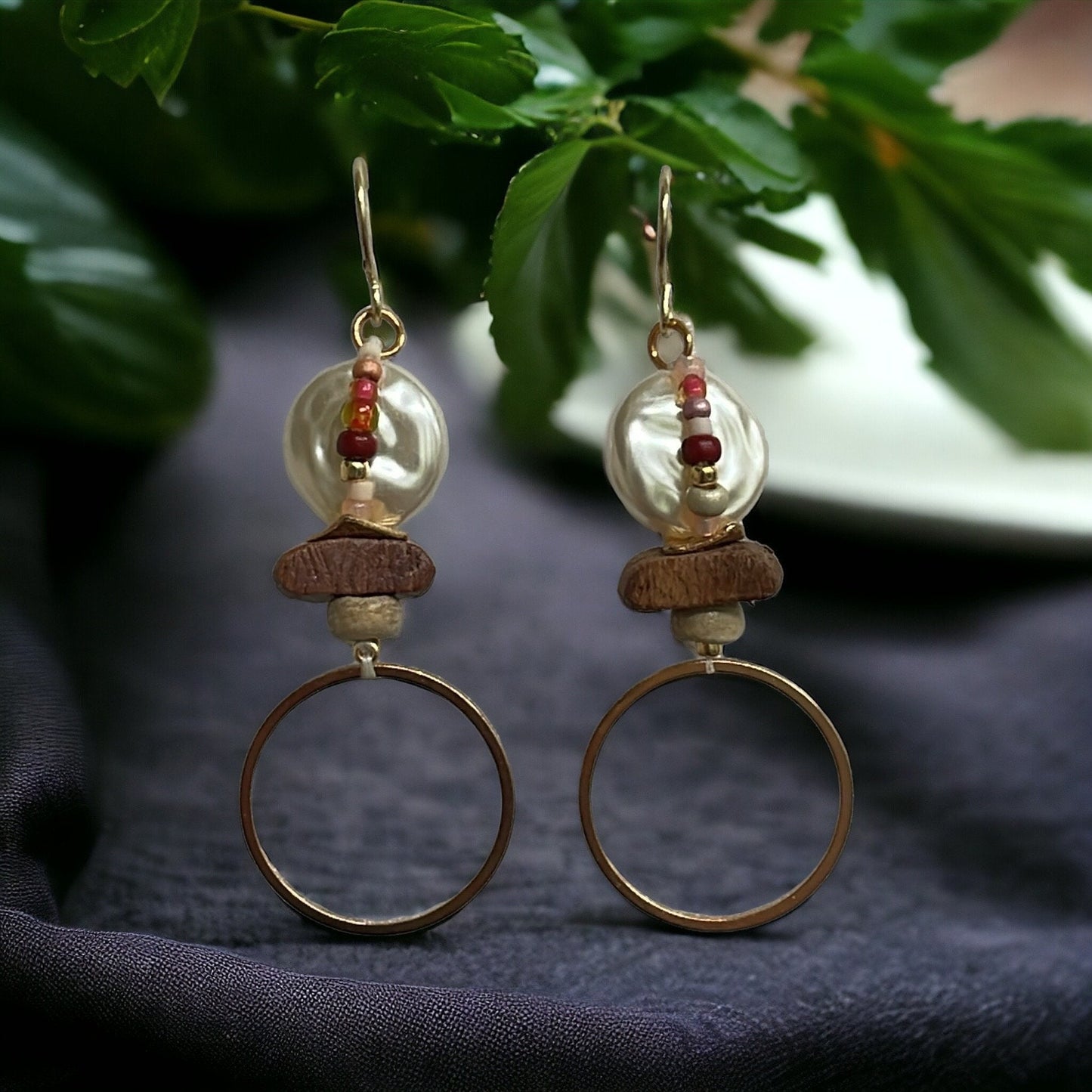 Multi material hoop earrings - layered wood, faux pearl, coral and shades of cream/brown glass seed beads, goldtone metal hoops