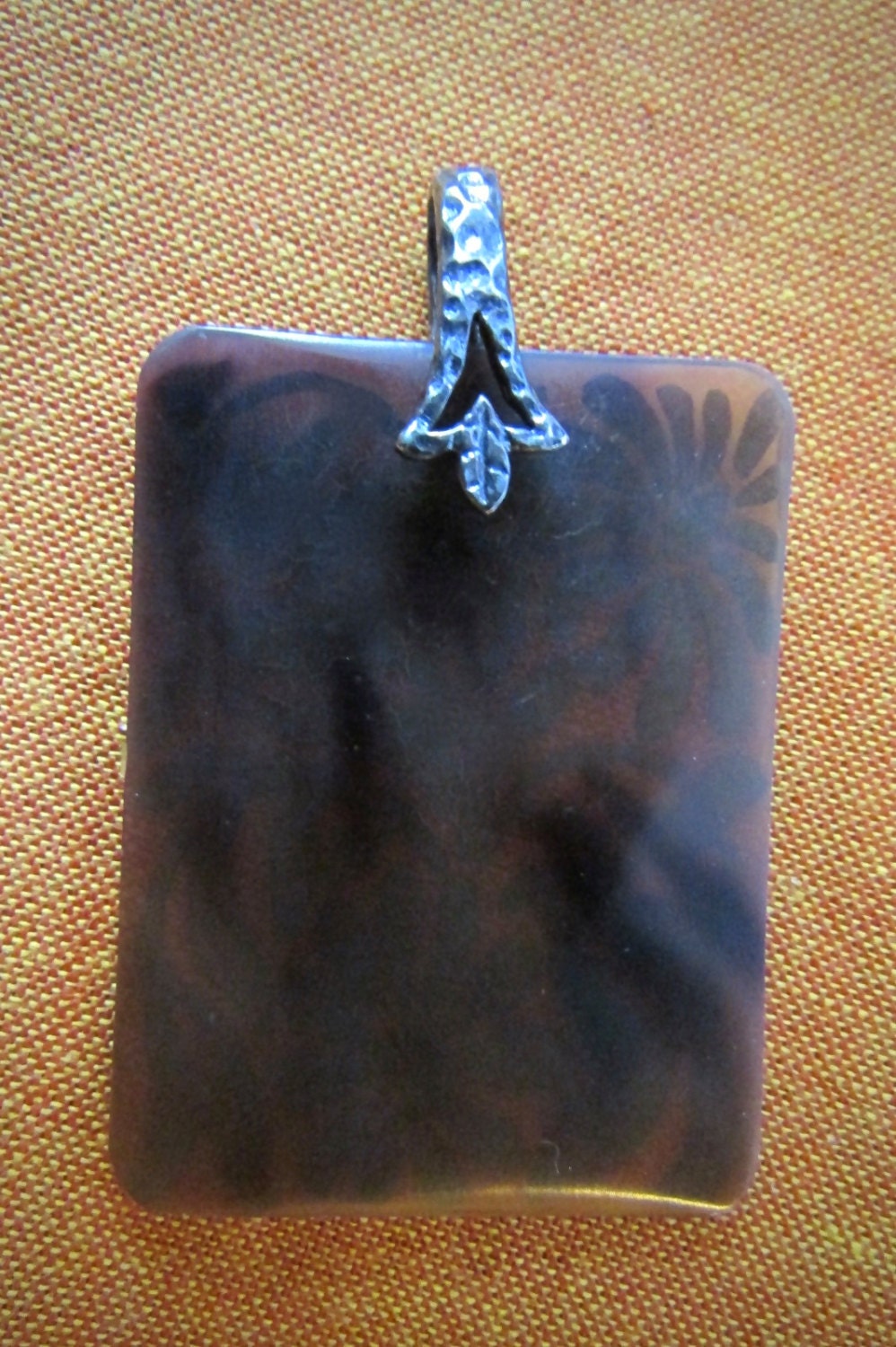 Stunning vintage etched shell rectangular necklace pendant on sterling silver bail