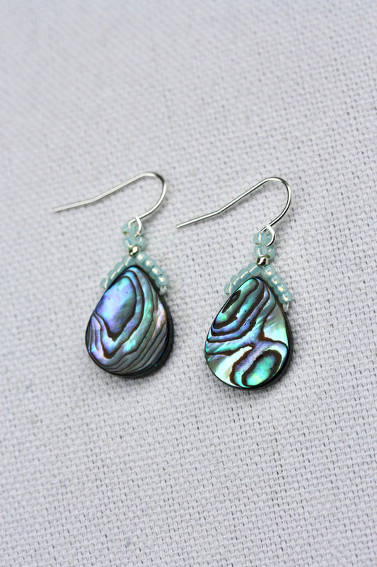 Beaded abalone shell teardrop shaped dangle earrings with sterling silver ear wires