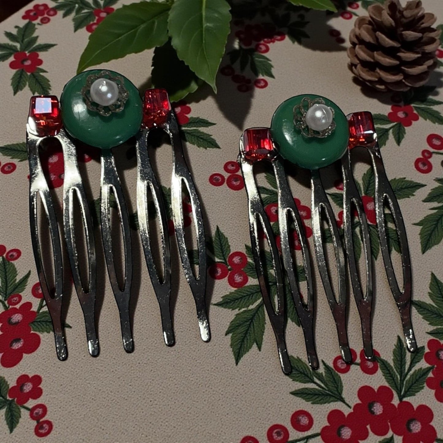 Handmade Green Wood & Red Crystal Hair Combs – Mixed Materials, Faux Pearl and Filigree, 1" Decorative Hair Accessories
