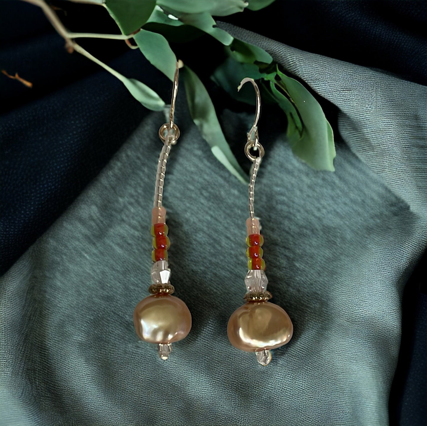 Hand beaded stunning dangle beadwork earrings - ombre shades of glass seed beads with crystal and gold pearls