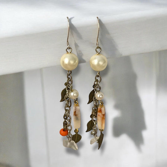 Collage inspired earrings - mixed materials including vintage metal leaves, orange wood, chain, faux pearls and ivory faux bone spacers