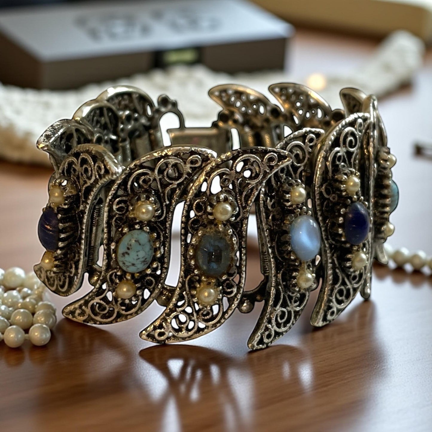 1940s Silvertone Filigree Bracelet – Vintage Blue Glass Cabochons, Art Deco Style, Retro Statement Jewelry