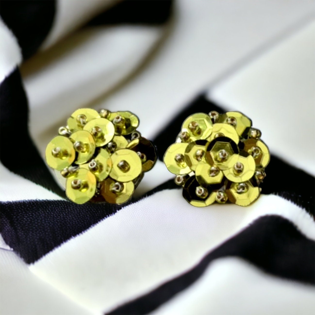 Gold sequin and beadwork stud earrings - for pierced ears OR clip on earrings - your preference
