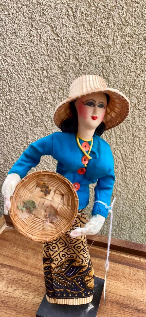 Stunning vintage collectible doll figurine - made in Thailand - woman in straw hat with a basket, blue top, orange buttons, handmade skirt