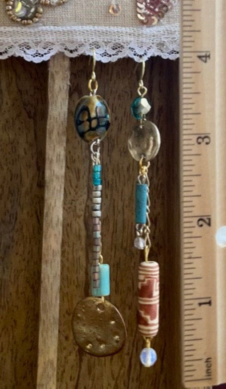 One-of-a-kind handmade mismatched mixed material long dangle earrings - vintage and new material - metal, shell, glass, clay