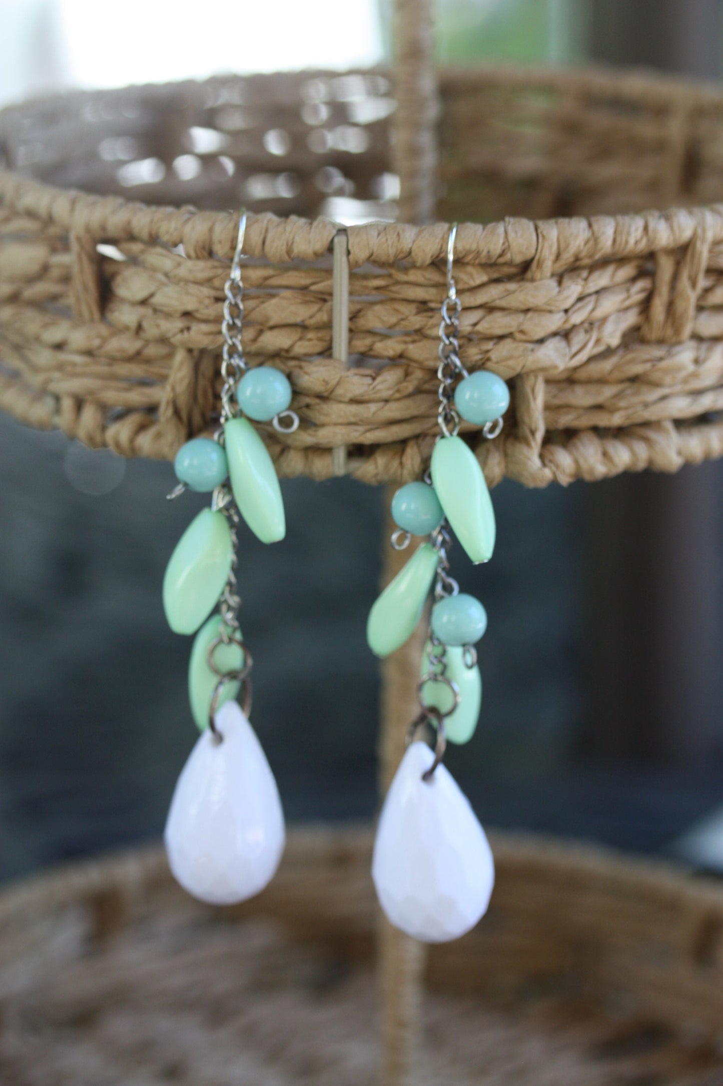 Seafoam green, blue and white fun long dangle earrings