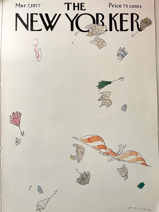 The NEW YORKER Magazine original cover - March 7, 1977 - Objects including broken umbrellas, papers and clothing, blowing in a windstorm