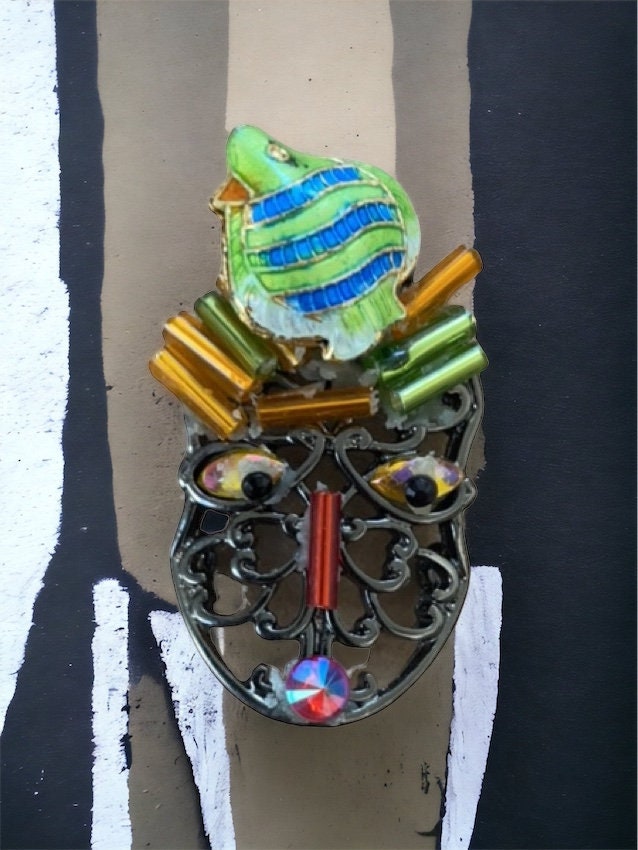 Meet Mr. Fish Head - Assemblage art / mixed media collage - magnet, pin, necklace pendant or Christmas ornament