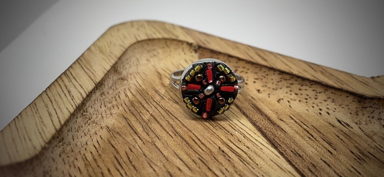 Handmade micro mosaic adjustable ring - Italian inspired - hand cut inlaid millefiori glass with tiny metallic seed beads