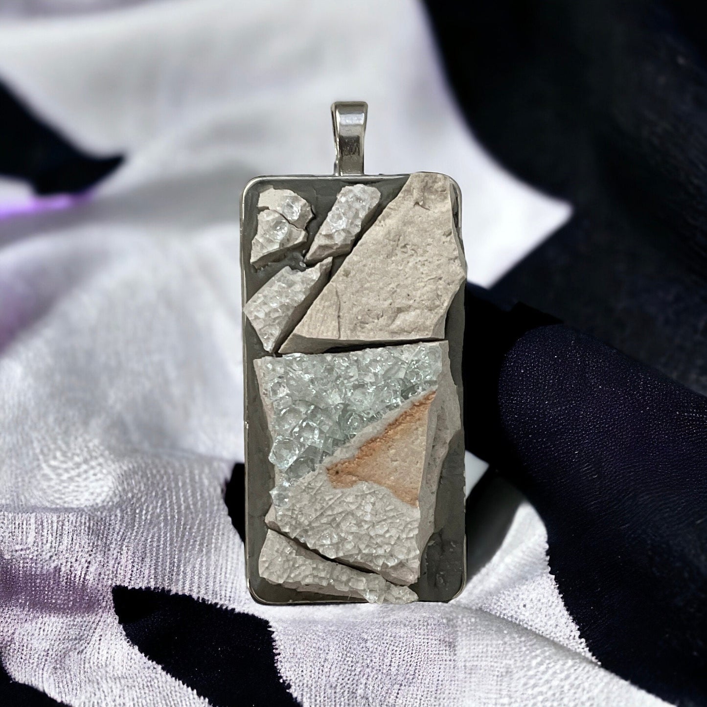 Handmade stone, cement and glass mosaic necklace - comes with a matching necklace chain