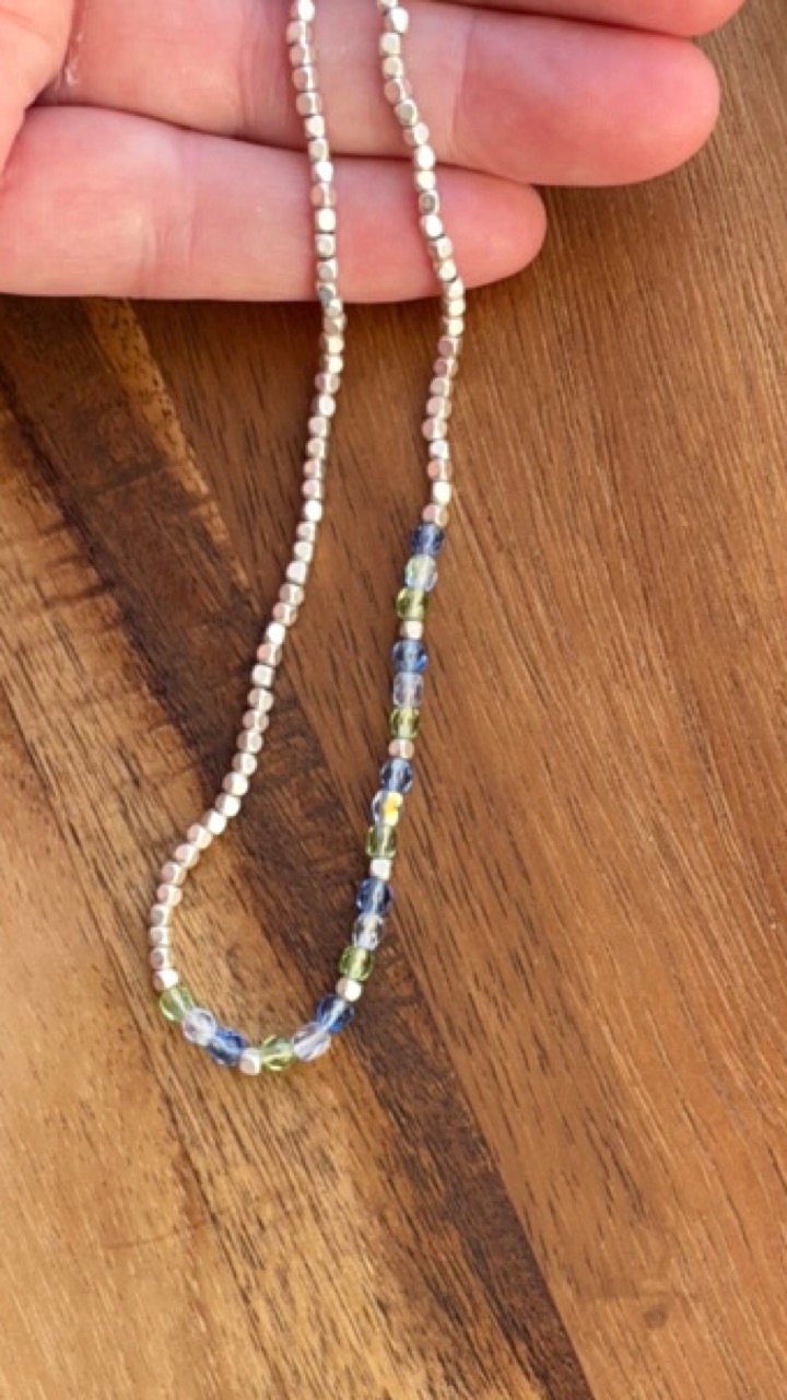 Minimalist necklace - tiny blue and green crystals with tiny silver cubed beads