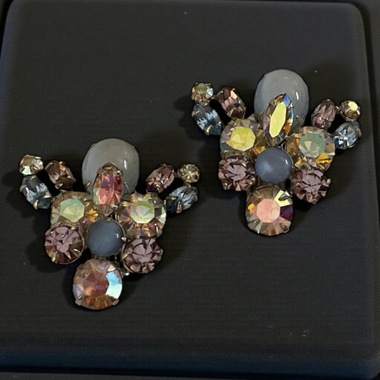 Vintage Rhinestone Cluster Clip On Earrings | Pastel Aurora Borealis Crystal Earrings | Mid Century Costume Jewelry