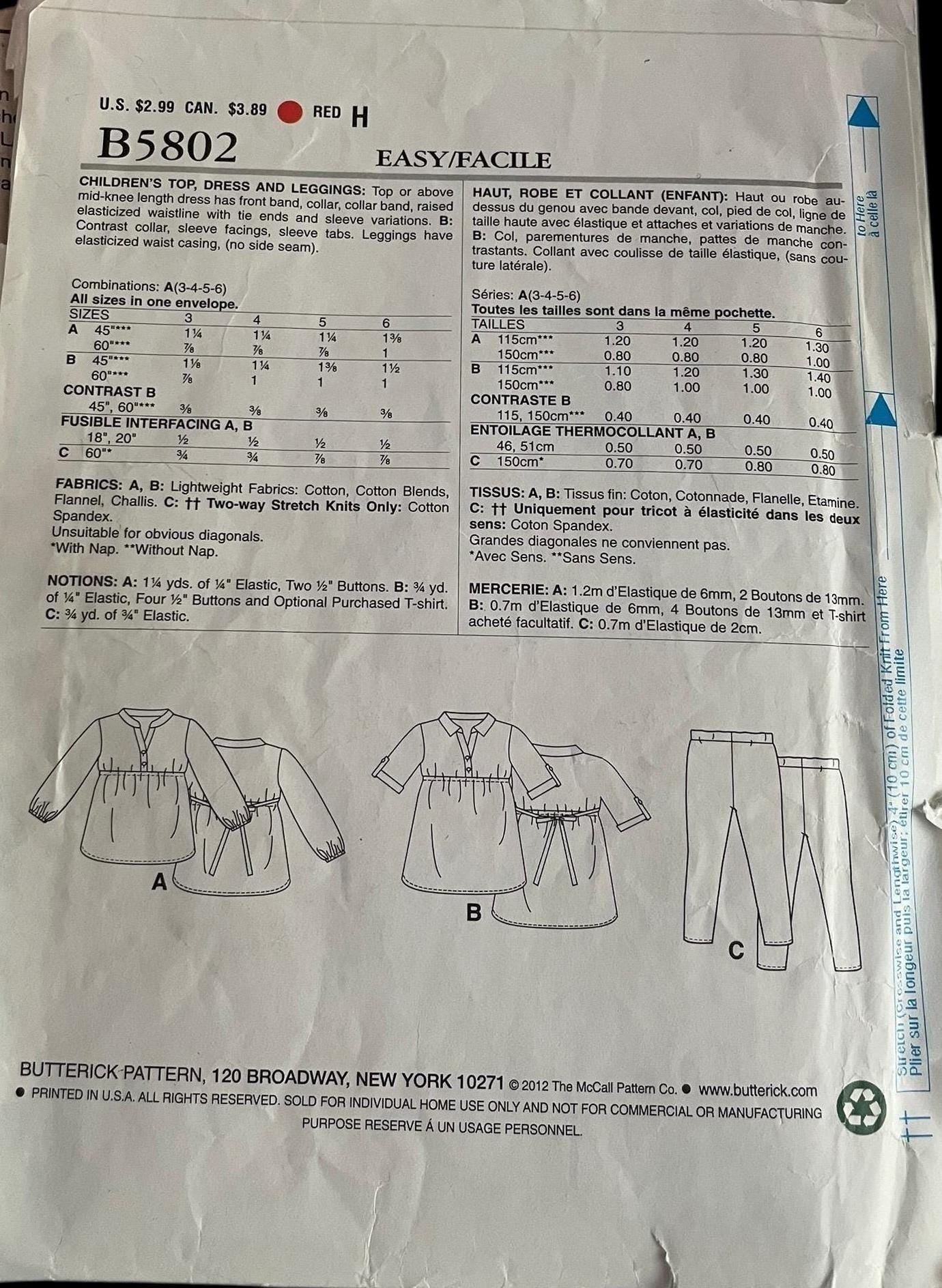See & Sew Butterick B5802 Children's Top, Dress and Leggings, optional collar, empire waist - Sizes 3,4,5,6 - please read description