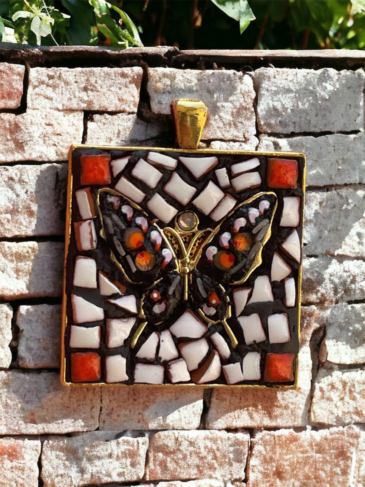 Mixed Material Butterfly Necklace: Hand Cut Tile and Italian Glass