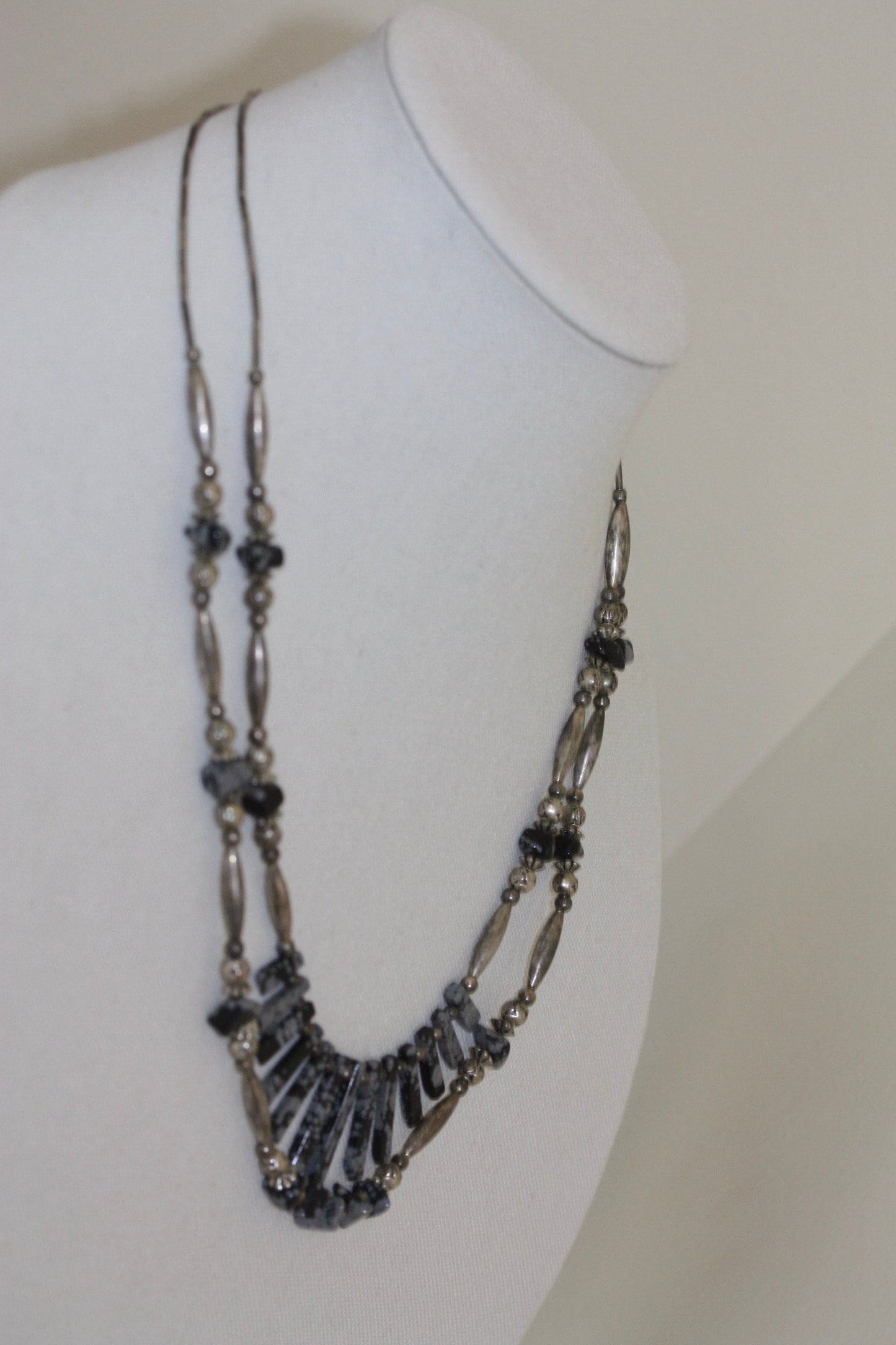 Stunning silver beaded snowflake obsidian double-stranded vintage artisan necklace