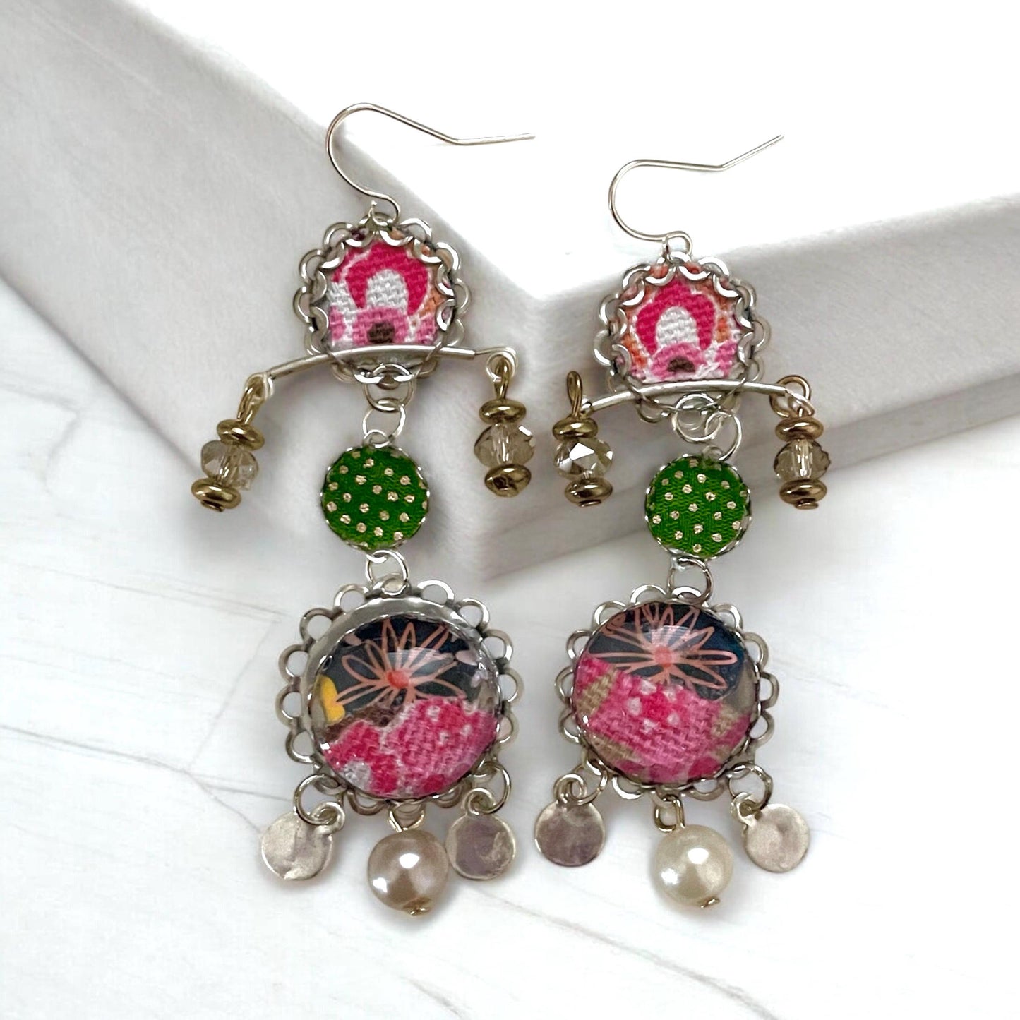 Handmade mixed media earrings made with fabric, paper, hammered metal, mixed metals, crystals and faux pearls.  Sterling ear wires.
