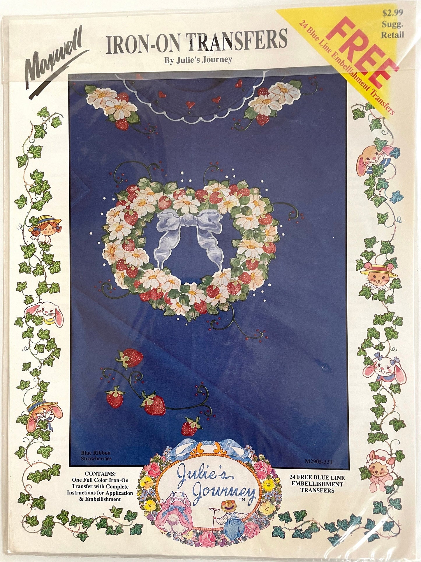 Vintage Iron On Transfer - Maxwell Iron-On Transfers Julie's Journey Blue Ribbon Strawberries Heart