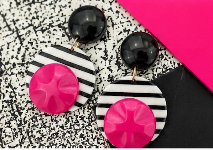 Vintage 1980s Black White Pink Statement Earrings | Bold Geometric Dangle Earrings | Memphis Style Retro Jewelry | Pierced Earrings