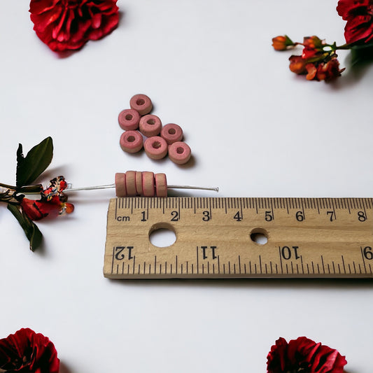 Round flat pink wood vintage beads - approx. 8 mm each