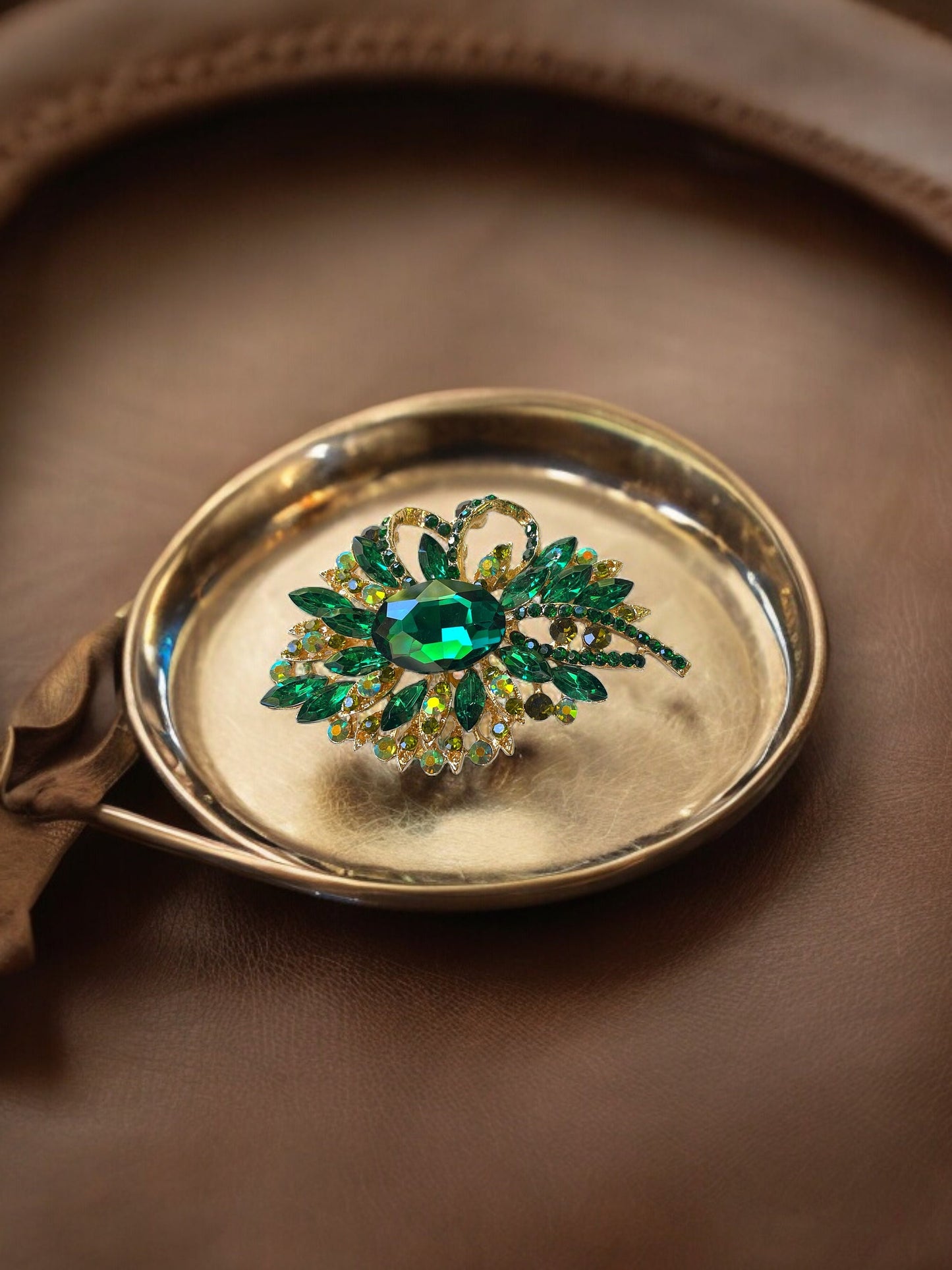 Stunning large emerald green and AB rhinestone vintage pin - 3 1/2" x 2"
