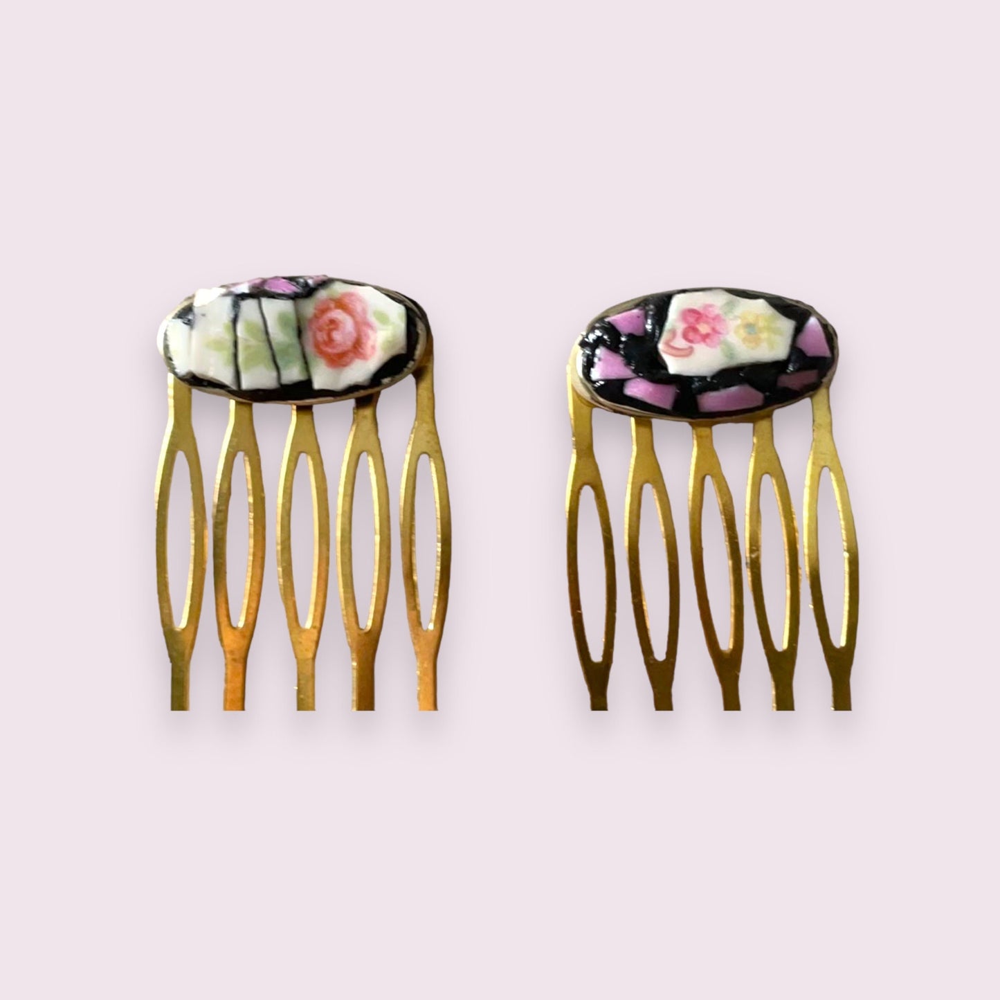 Pair of one-of-a-kind handmade mosaic hair combs with upcycled pieces of vintage dishes