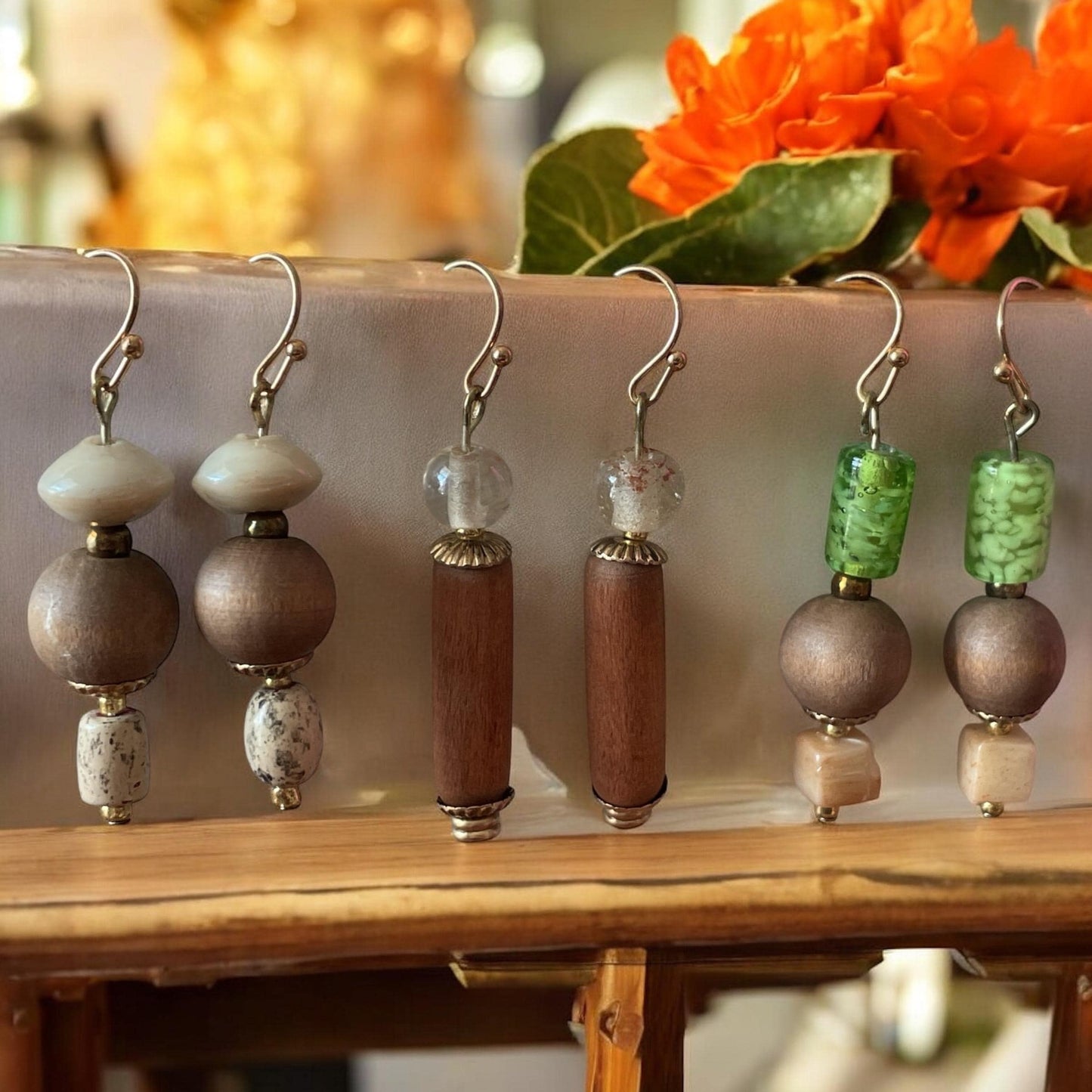 Handmade wood and glass dangle earrings - Your choice