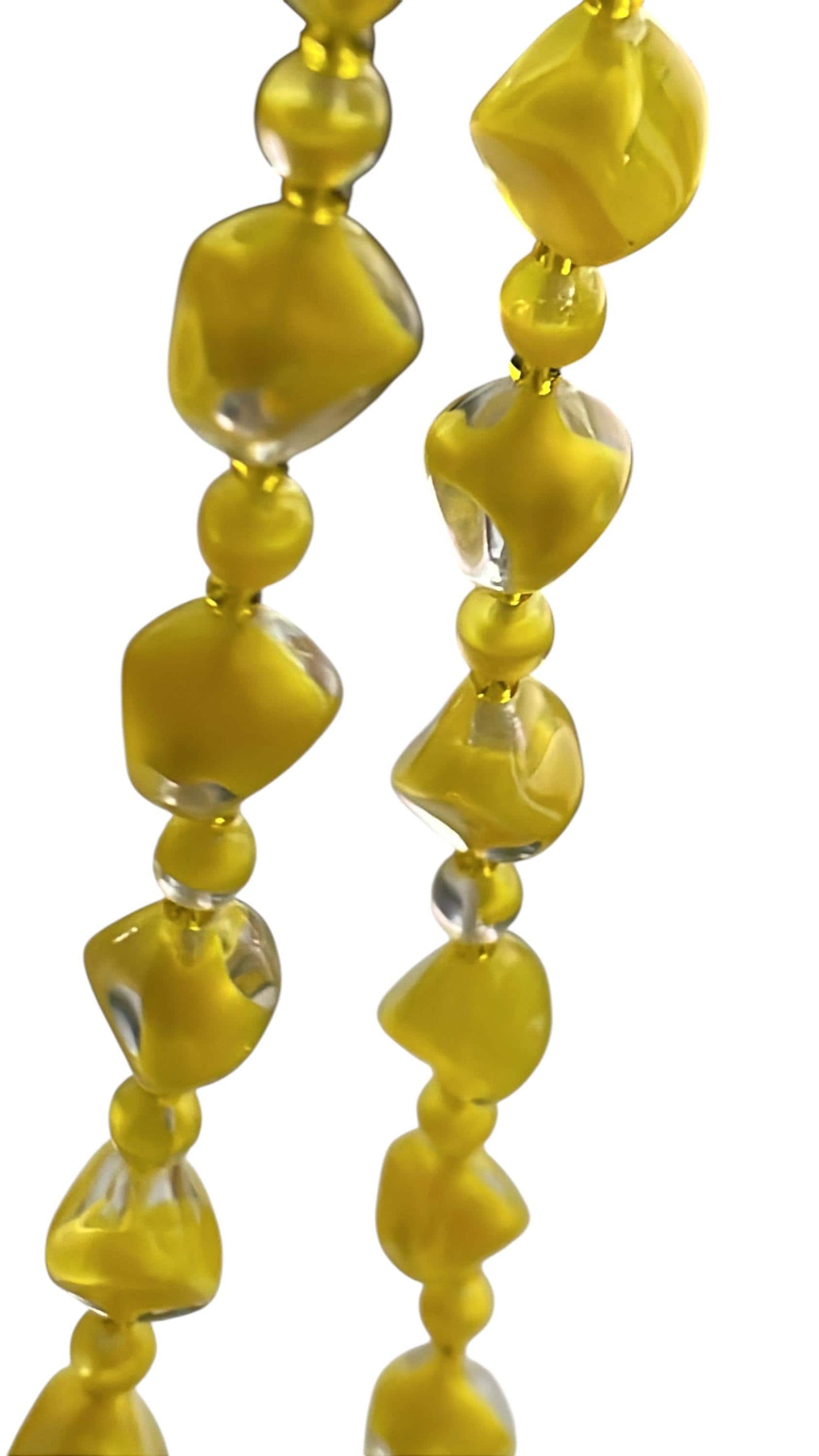 Vintage 1950s Czech Cased Glass Necklace – Bold Yellow & Clear Mid Century Art Glass Statement Beads