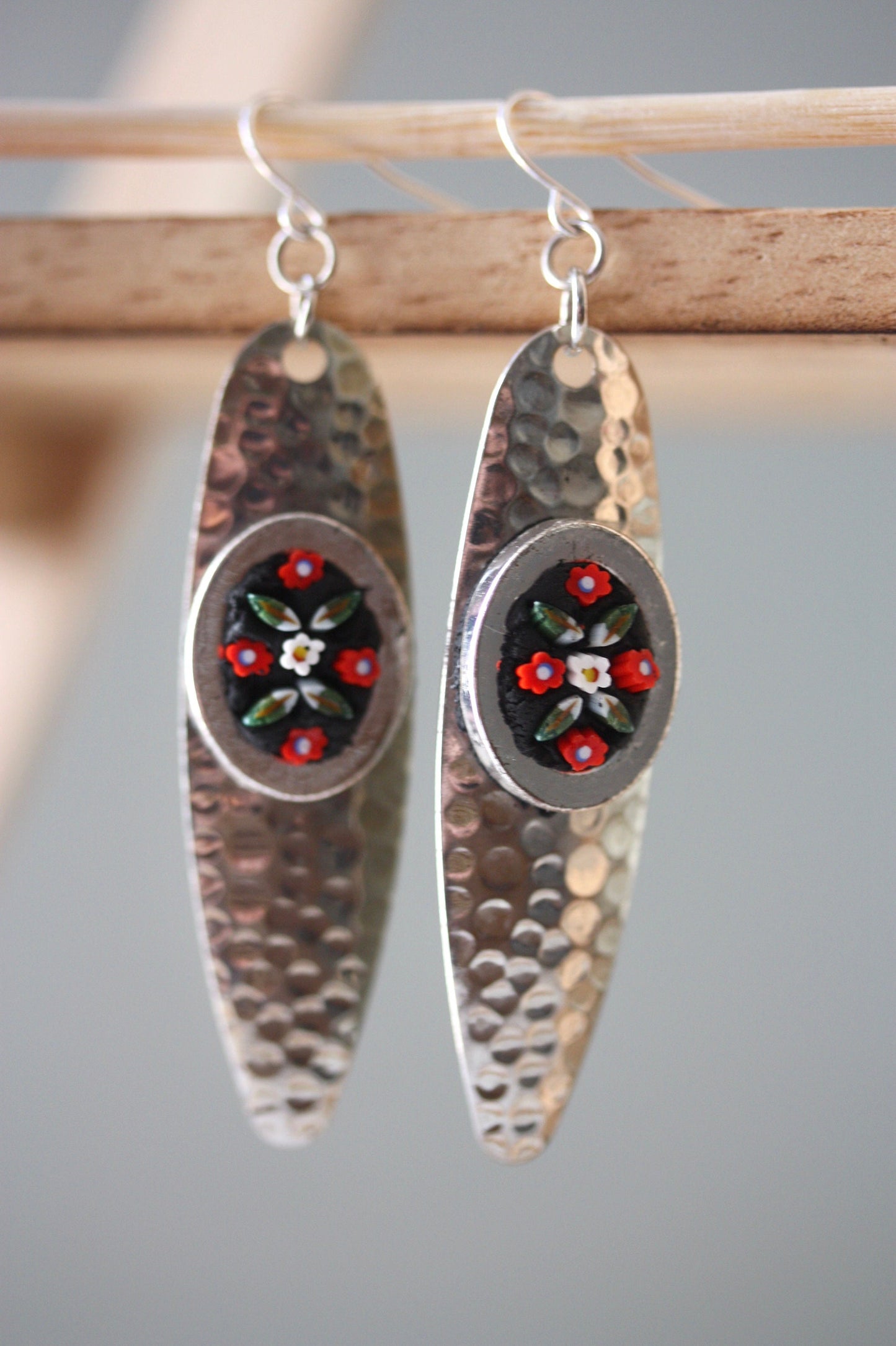 My handmade inlaid micro-mosaic on upcycled vintage hammered metal earrings - with sterling silver ear wires