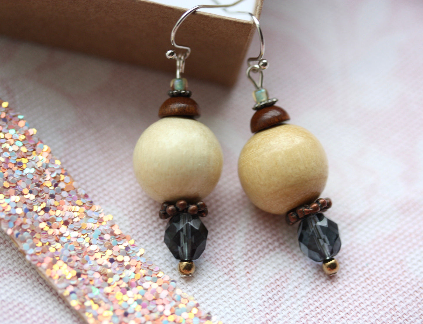 Blue glass crystal and wood beads handmade dangle earrings with vintage, upcycled and new elements
