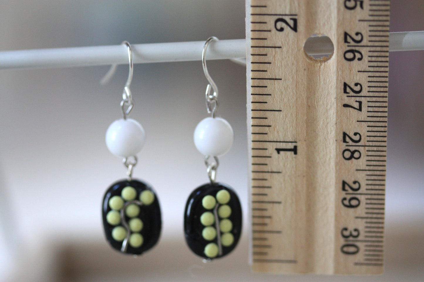 Sweet handmade yellow dotted black and white floral dangle earrings