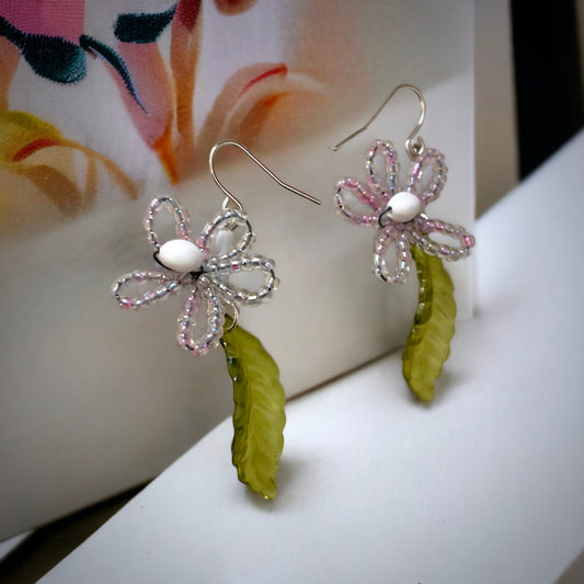 French beaded flowers with glass leaves dangle earrings