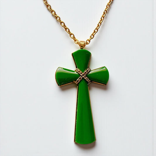 Vintage Avon Green Enamel Cross Pendant Necklace, Gold-Tone Chain, 1980s Avon Jewelry, Religious Statement Necklace