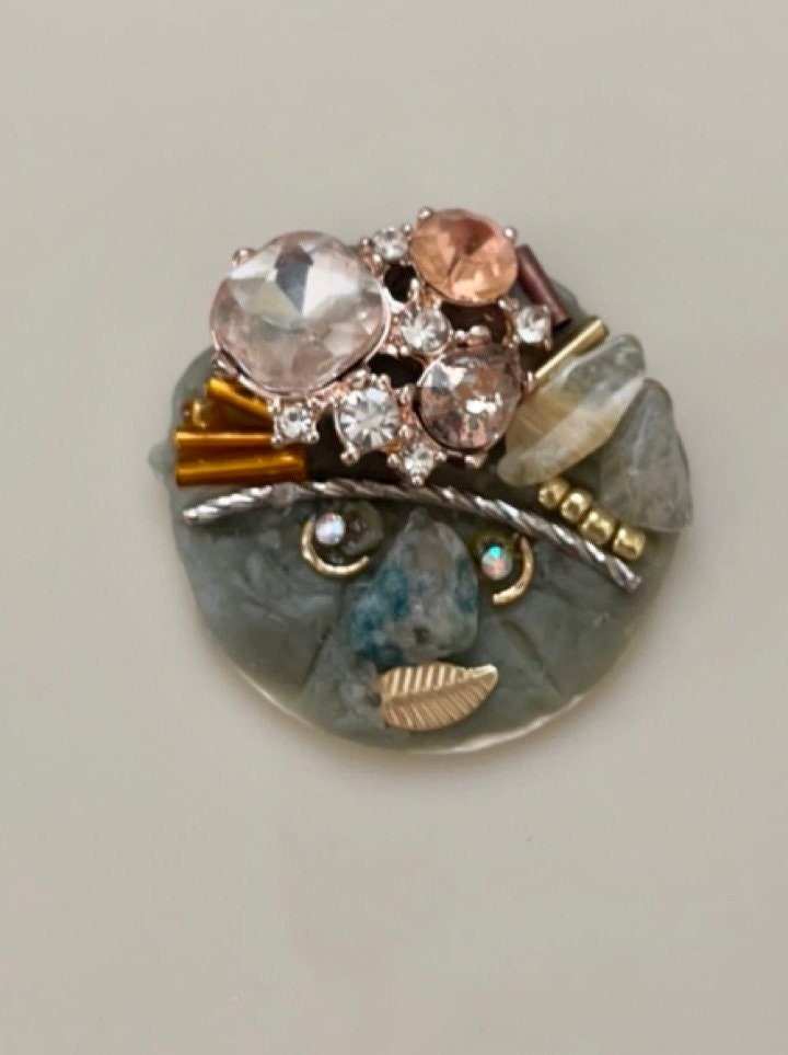 Meet "Jeannette" - Assemblage art / mixed media collage, mosaic - magnet, pin, necklace pendant or Christmas ornament