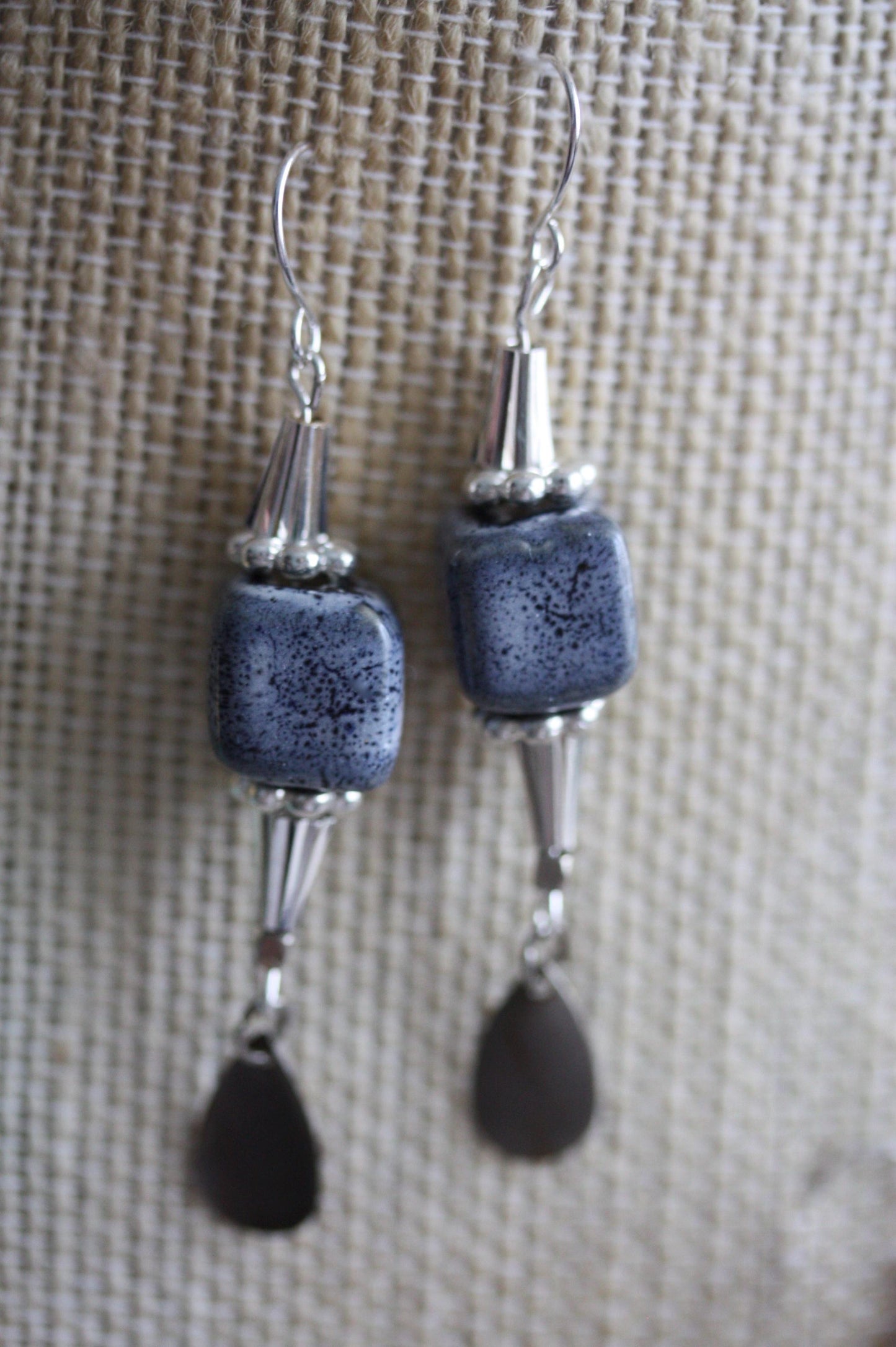 Speckled blue clay pottery cube with metal cones and dangles - 2 and one-half" long earrings