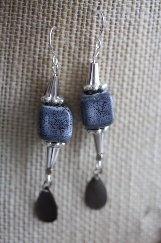 Speckled blue clay pottery cube with metal cones and dangles - 2 and one-half" long earrings